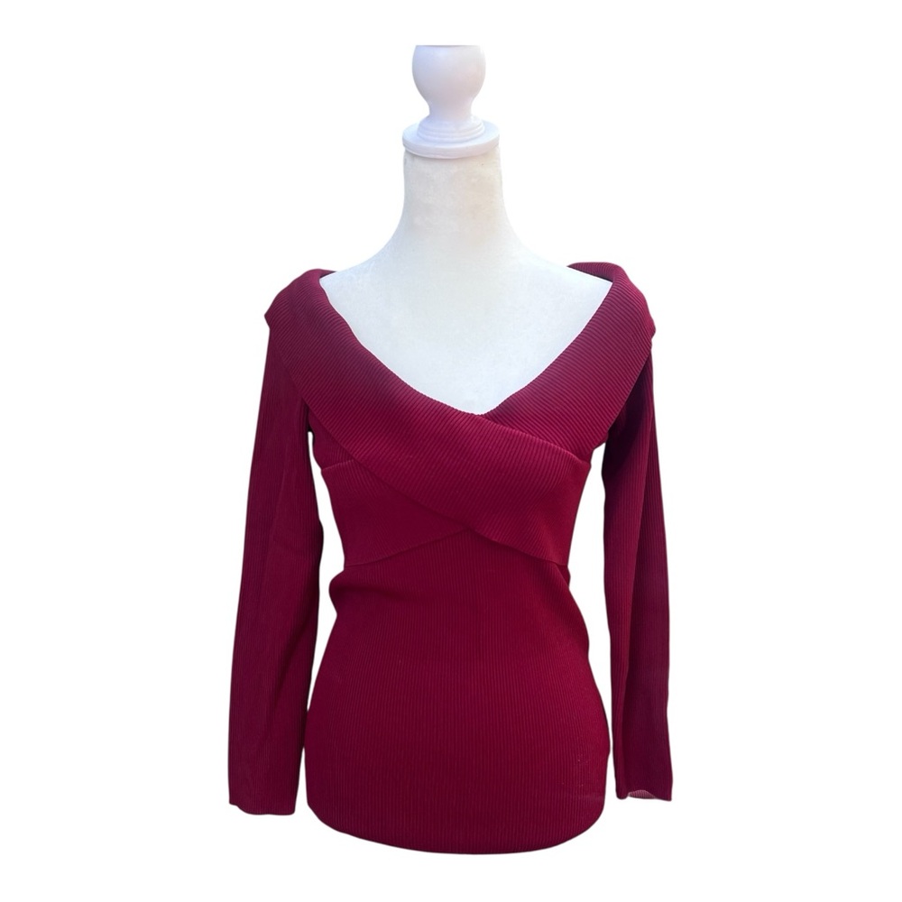 Sandro Red Off the Shoulder‎ Ribbed Cross Front Jova Sweater Size M/L